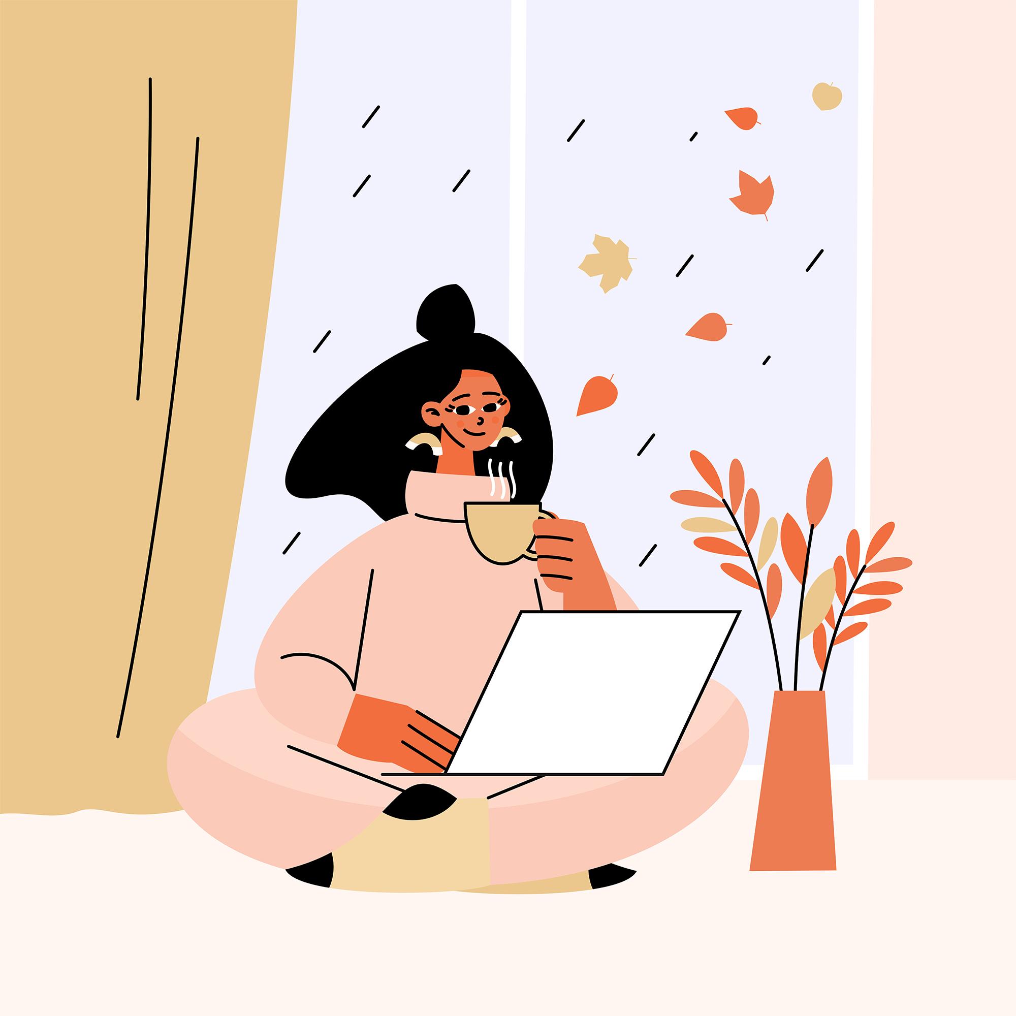 ノートパソコンで仕事をする女性のイラスト